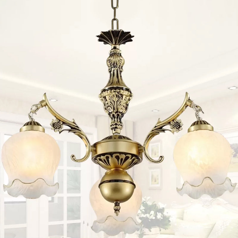 Antique Bronze Chandelier With 3 Rose Lights And Distressed White Cream Glass Suspension - Perfect