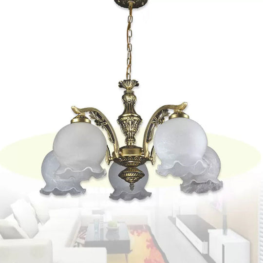 Vintage 5-Bulb Chandelier: White Glass Pendant With Ruffled Trim Bronze Finish