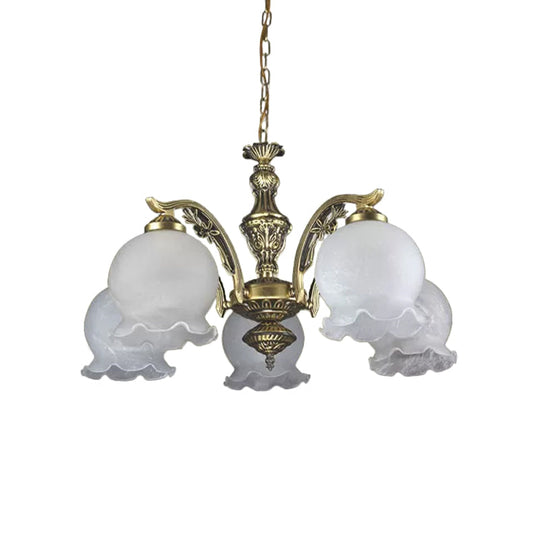 Vintage 5-Bulb Chandelier: White Glass Pendant With Ruffled Trim Bronze Finish