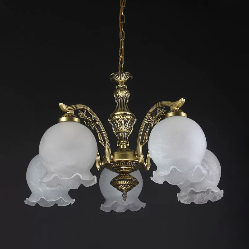 Vintage 5-Bulb Chandelier: White Glass Pendant With Ruffled Trim Bronze Finish