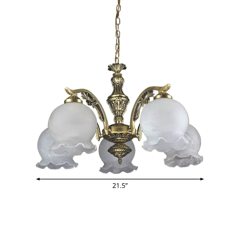 Vintage 5-Bulb Chandelier: White Glass Pendant With Ruffled Trim Bronze Finish