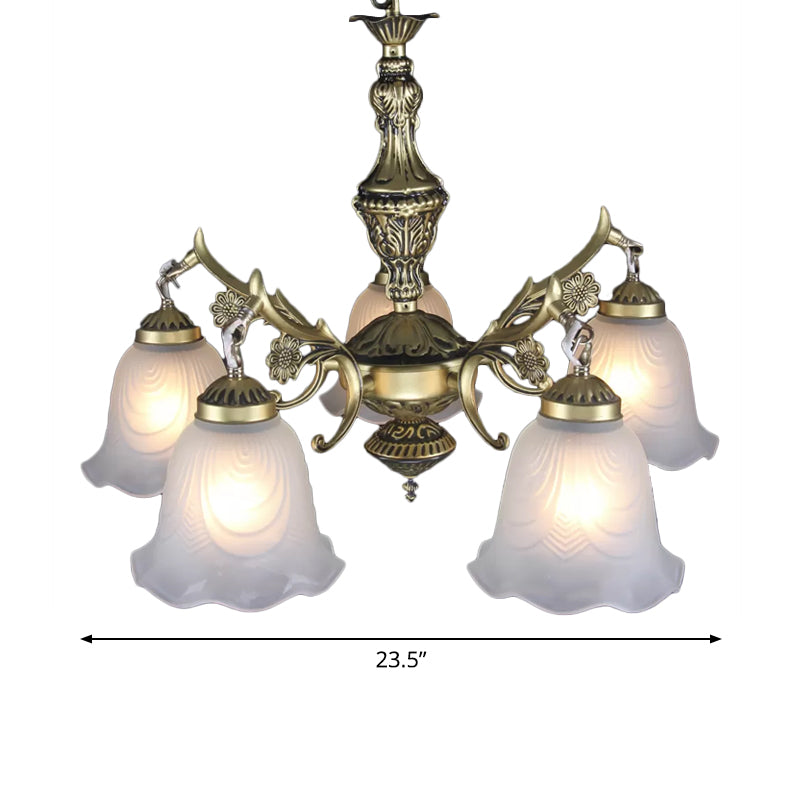 Vintage Bronze Floral Down Chandelier With Frosted Glass - 5-Bulb Dining Room Lamp