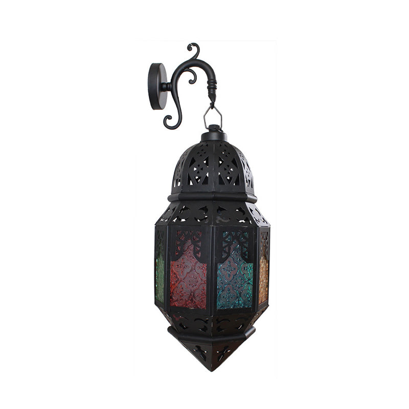 Turkish Single-Bulb Black Stained Art Glass Censer Wall Lamp: Bistro Lantern Sconce