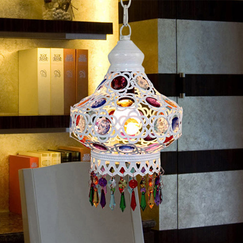 Arabic Style White Metal Pendant Lamp With Fringe Trim - 1-Bulb Beaded Pear Shaped Hanging Light