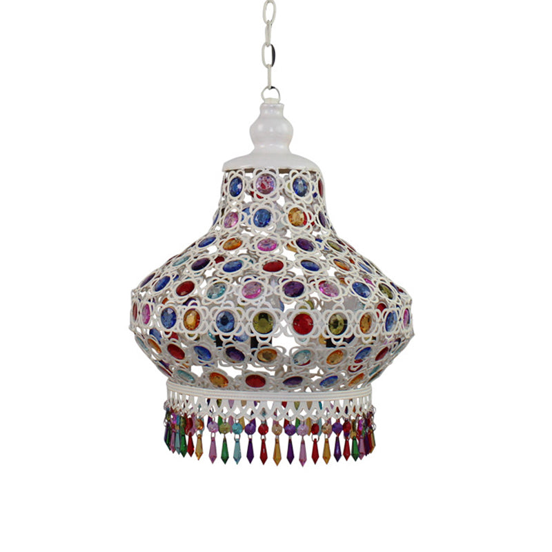 Arabic Style White Metal Pendant Lamp With Fringe Trim - 1-Bulb Beaded Pear Shaped Hanging Light