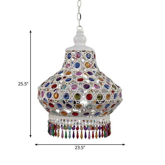 Arabic Style White Metal Pendant Lamp With Fringe Trim - 1-Bulb Beaded Pear Shaped Hanging Light