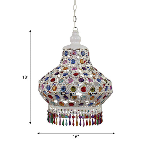 Arabic Style White Metal Pendant Lamp With Fringe Trim - 1-Bulb Beaded Pear Shaped Hanging Light