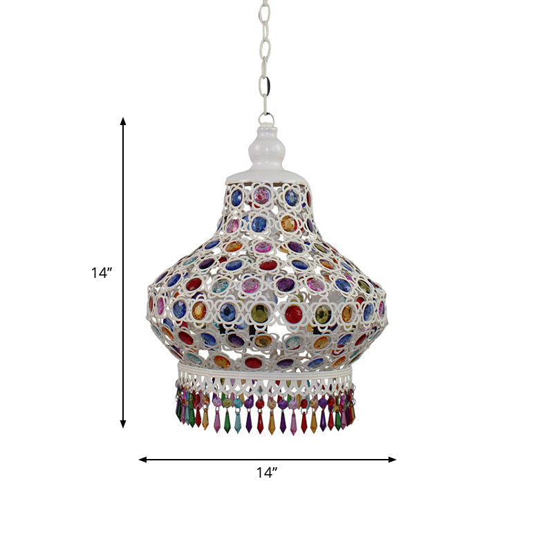 Arabic Style White Metal Pendant Lamp With Fringe Trim - 1-Bulb Beaded Pear Shaped Hanging Light