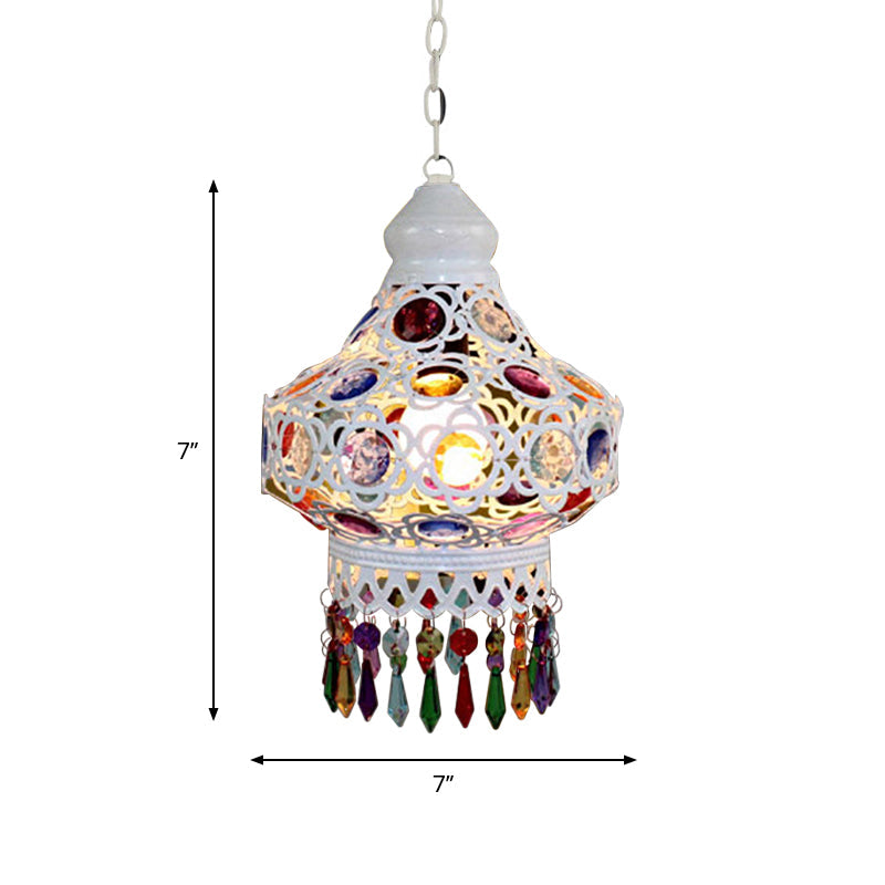 Arabic Style White Metal Pendant Lamp With Fringe Trim - 1-Bulb Beaded Pear Shaped Hanging Light