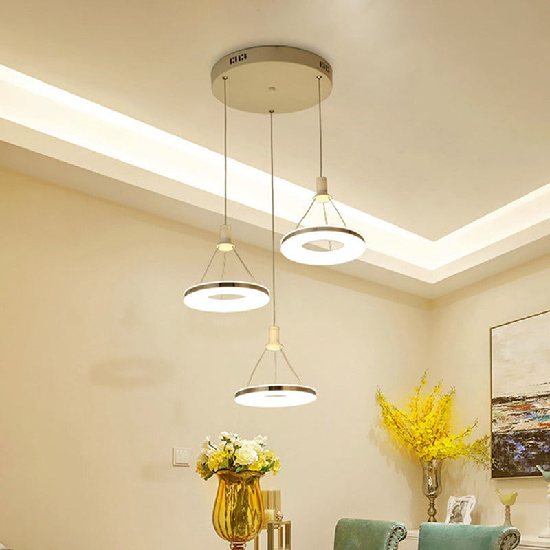 White Ring Pendant Light Fixture - Simple Acrylic Ceiling Suspension Lamp - 1/3/5-Head Option - 8"/12" Wide