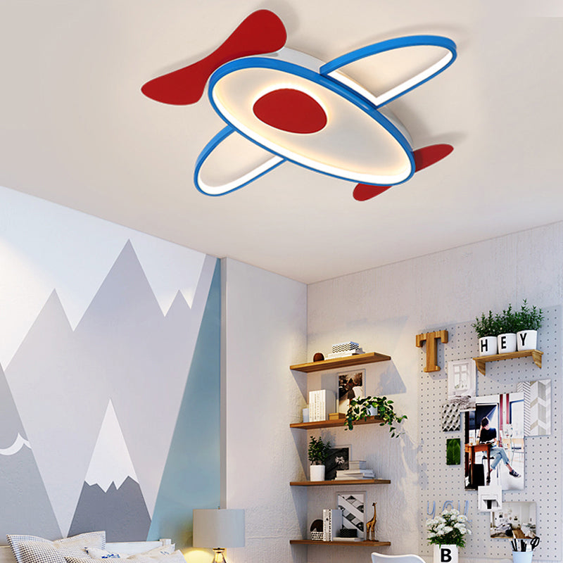 Cartoon Propeller Plane LED Ceiling Light for Kids' Bedroom in Red & Blue