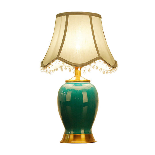 Zoey - Artistic Handmade Urn Shaped Night Light Modern Ceramic 1-Bulb Green/Light Green Table Lamp with Scalloped/Flared/Tapered Fabric Shade