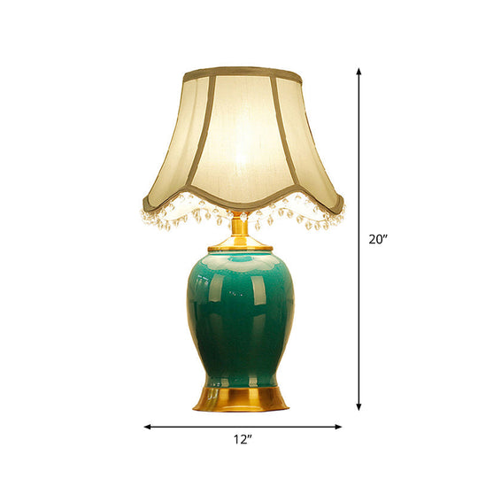 Zoey - Artistic Handmade Urn Shaped Night Light Modern Ceramic 1-Bulb Green/Light Green Table Lamp with Scalloped/Flared/Tapered Fabric Shade