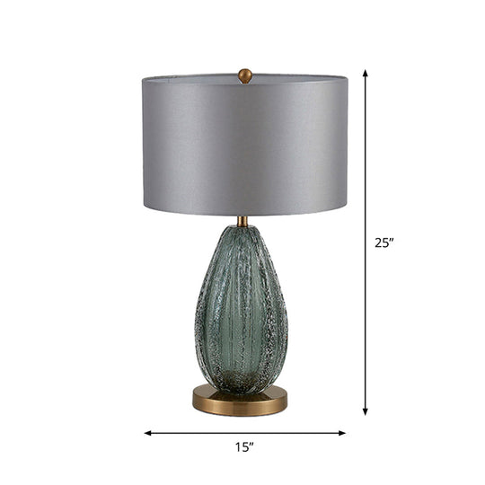 Modern Blue Seeded Glass Ellipse Night Lamp - Grey Table Light With Drum Fabric Shade (12/15 W)