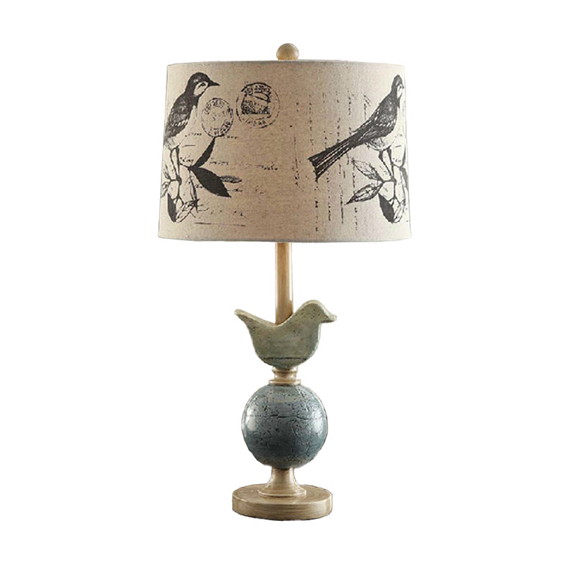 Modern Beige Fabric Drum Table Lamp With Bird And Globe Base - Printed Novelty Night Light