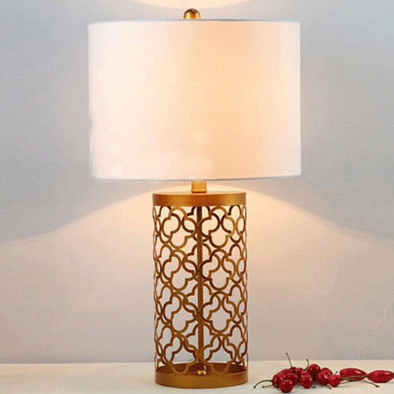 Quatrefoil Night Stand Table Lamp - Minimalistic Metal Design With White Cylinder Shade 14/15 Width