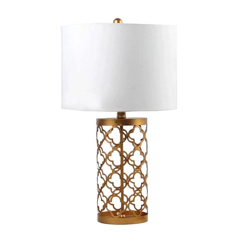 Quatrefoil Night Stand Table Lamp - Minimalistic Metal Design With White Cylinder Shade 14/15 Width