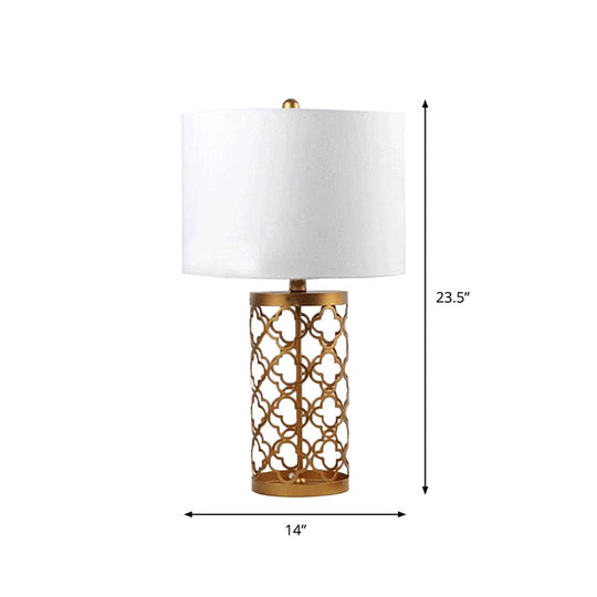 Quatrefoil Night Stand Table Lamp - Minimalistic Metal Design With White Cylinder Shade 14/15 Width