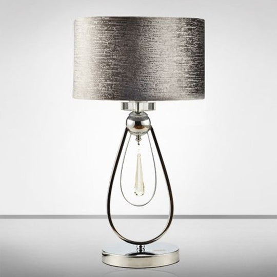 Contemporary Brushed Grey Drum Table Lamp With Teardrop Stand