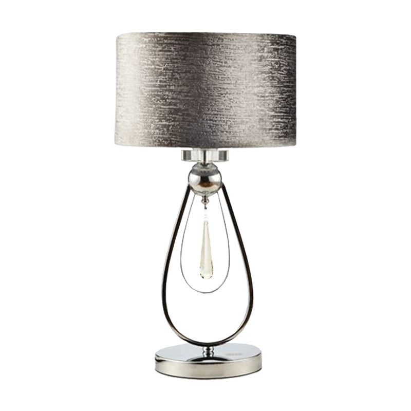 Contemporary Brushed Grey Drum Table Lamp With Teardrop Stand