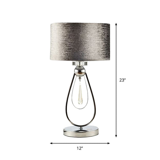 Contemporary Brushed Grey Drum Table Lamp With Teardrop Stand