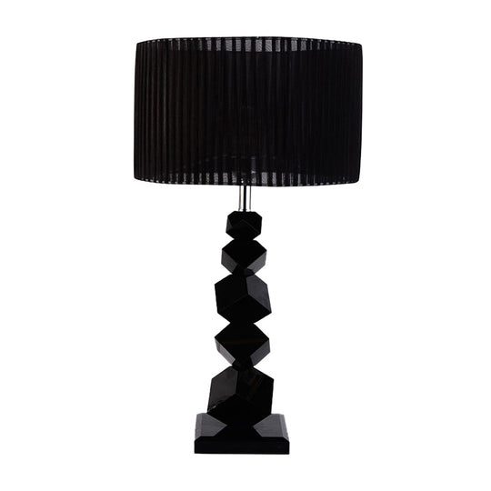 Black Drum Nightstand Lamp: Modern 12/13 W Single Pleated Table Light With Rock Pedestal