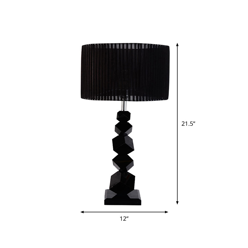 Black Drum Nightstand Lamp: Modern 12/13 W Single Pleated Table Light With Rock Pedestal