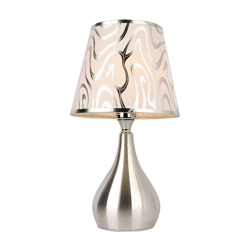 Modern Tapered Table Lamp - Single Nickel Nightstand Light With Stylish Fabric Shade