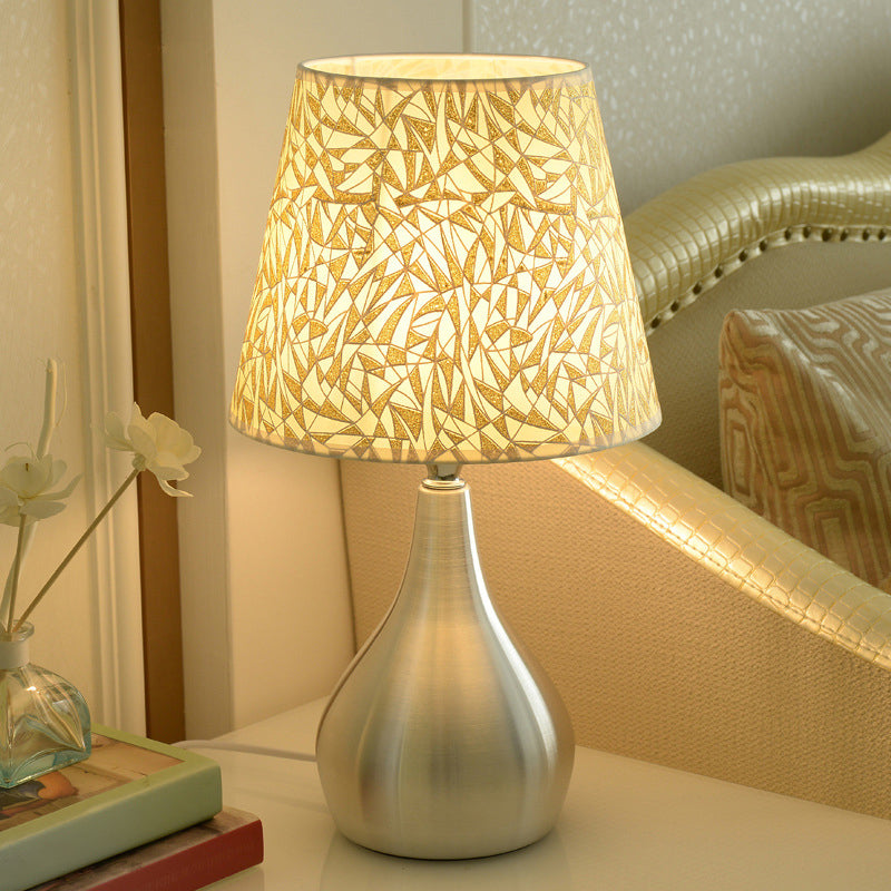 Modern Tapered Table Lamp - Single Nickel Nightstand Light With Stylish Fabric Shade