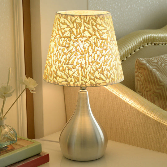 Modern Tapered Table Lamp - Single Nickel Nightstand Light With Stylish Fabric Shade