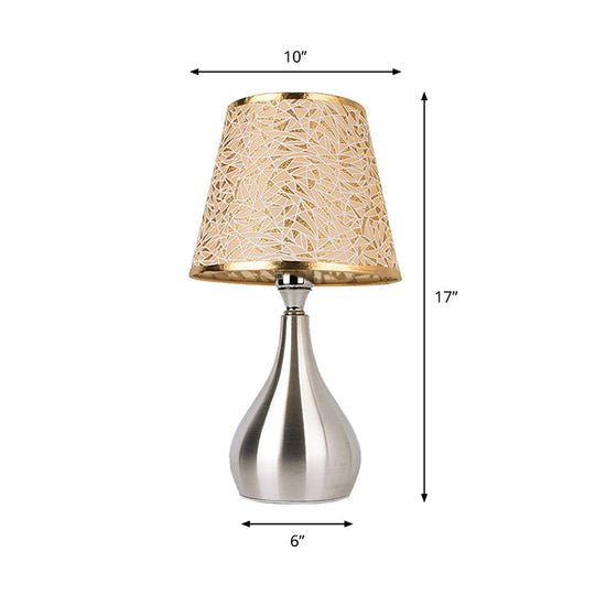 Modern Tapered Table Lamp - Single Nickel Nightstand Light With Stylish Fabric Shade