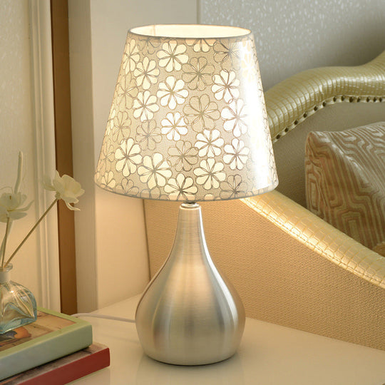 Modern Tapered Table Lamp - Single Nickel Nightstand Light With Stylish Fabric Shade