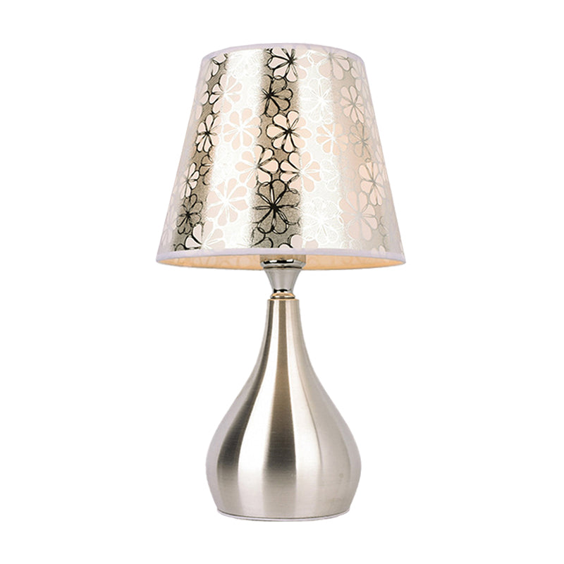 Modern Tapered Table Lamp - Single Nickel Nightstand Light With Stylish Fabric Shade