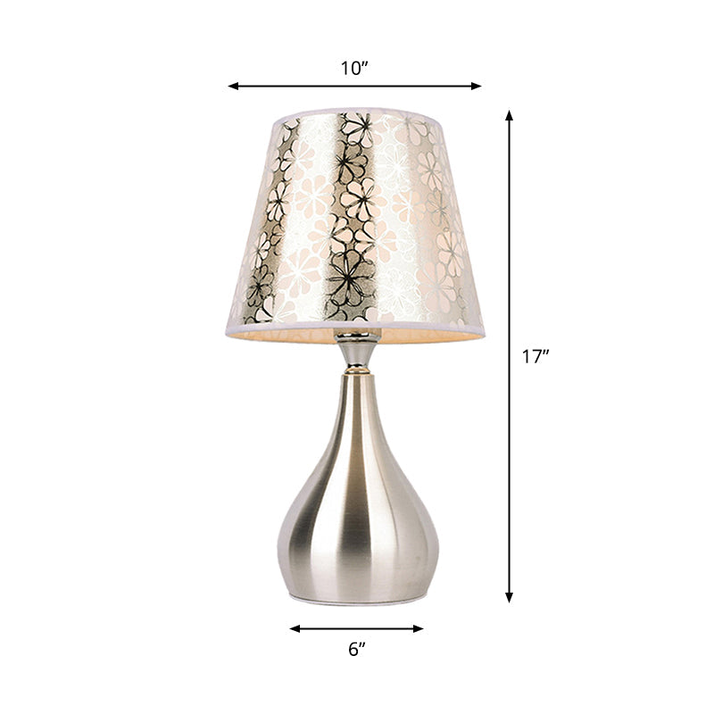 Modern Tapered Table Lamp - Single Nickel Nightstand Light With Stylish Fabric Shade