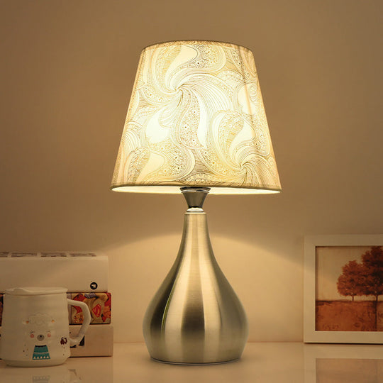 Modern Tapered Table Lamp - Single Nickel Nightstand Light With Stylish Fabric Shade