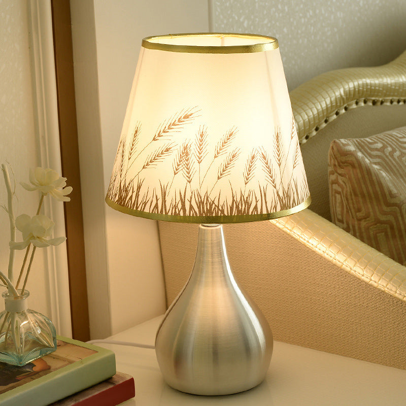 Modern Tapered Table Lamp - Single Nickel Nightstand Light With Stylish Fabric Shade