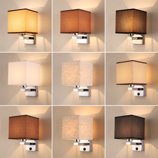 Nordic Style Beige Cube Wall Light - 1 Head Fabric Mounted Fixture For Bedroom