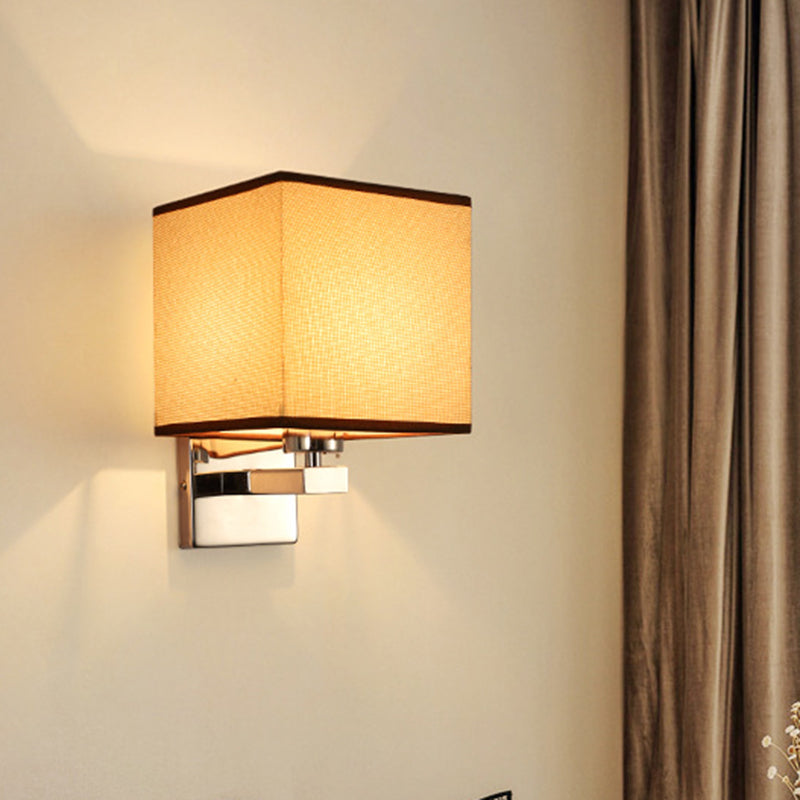 Nordic Style Beige Cube Wall Light - 1 Head Fabric Mounted Fixture For Bedroom Flaxen