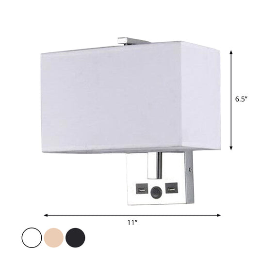 Minimalist Rectangle Wall Light Kit With Usb Port - Single-Bulb Beige/Black/White Fabric Lamp