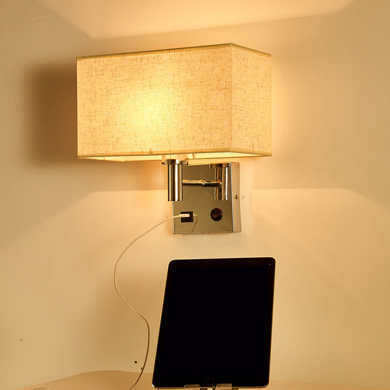 Sleek Beige/Black/White Rectangle Wall Lamp - Simplicity 1-Head Fabric Bedside Lighting