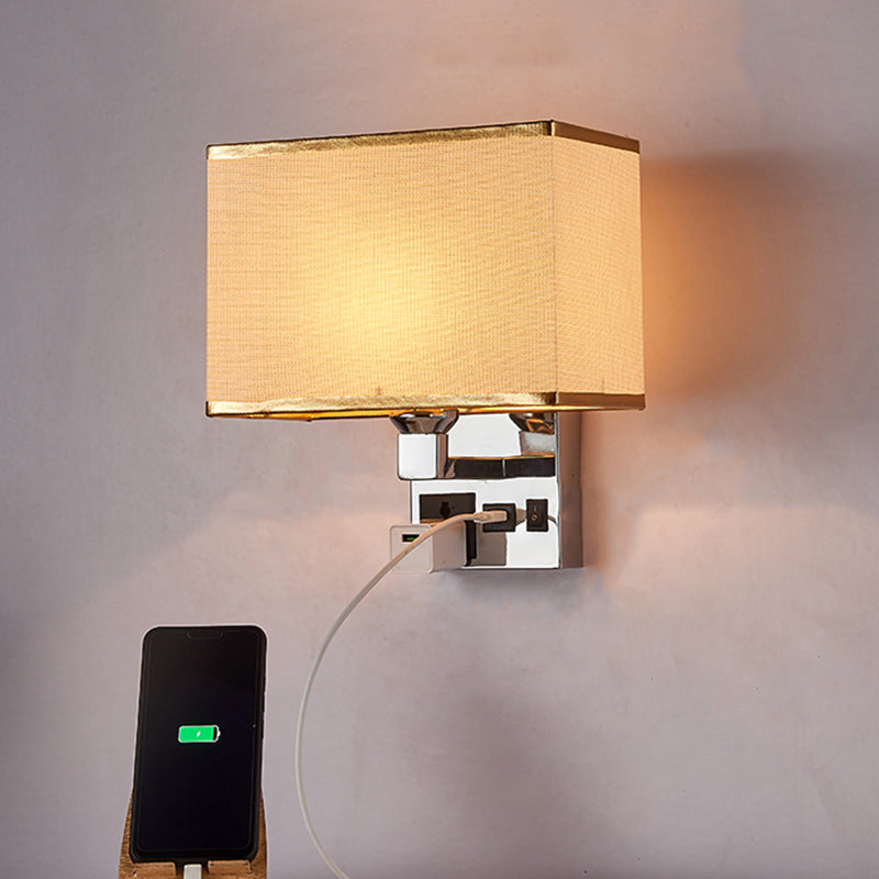 Simple Single White/Flaxen Fabric Rectangle Wall Light With Usb Charging Port And 3-Hole Socket