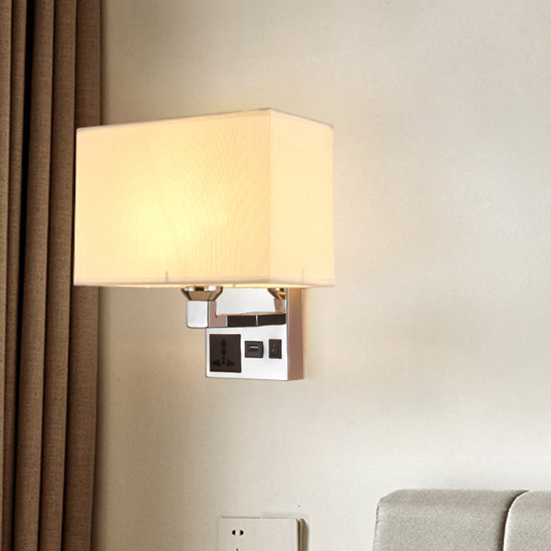 Simple Single White/Flaxen Fabric Rectangle Wall Light With Usb Charging Port And 3-Hole Socket