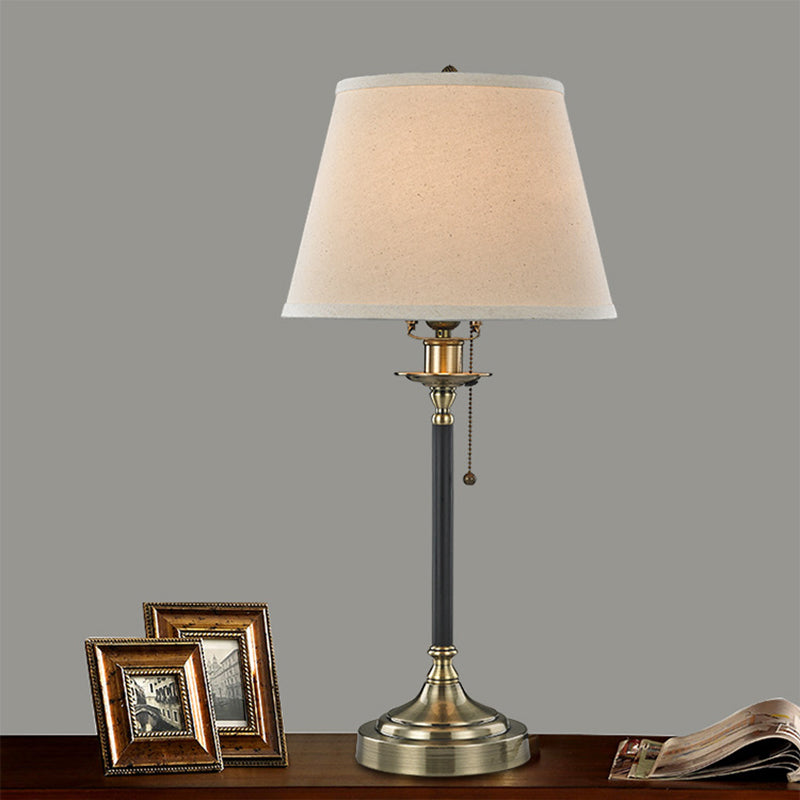 Minimalist White Table Lamp With Pull-Chain: 1-Bulb Dining Room Night Light Tapered Fabric Shade