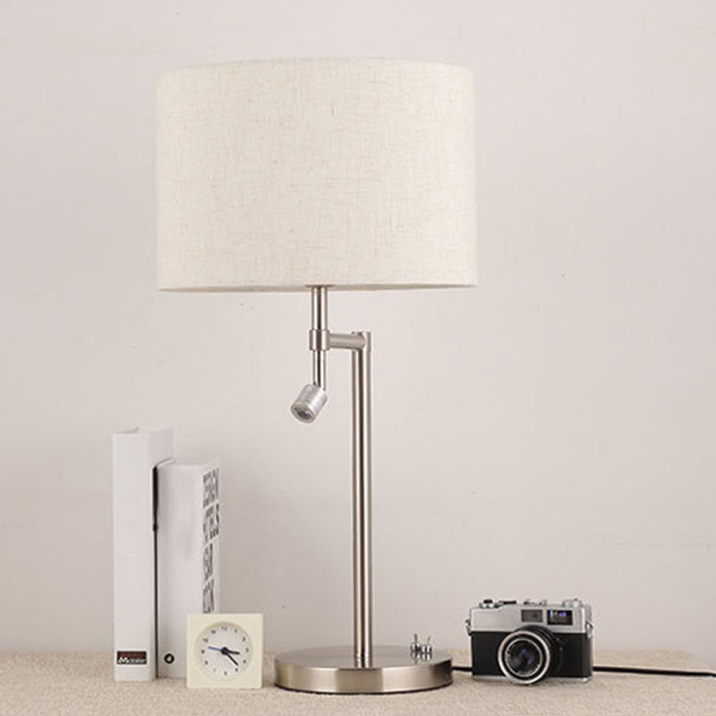 Minimalist White Nightstand Light With Swivelable Spotlight - Fabric Drum Shaped Table Lighting