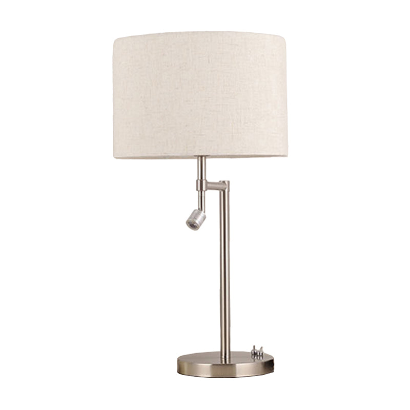 Minimalist White Nightstand Light With Swivelable Spotlight - Fabric Drum Shaped Table Lighting