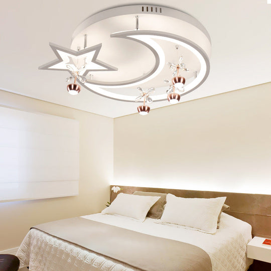 White Acrylic Moon Star Semi Flushmount Ceiling Light with Flower Crystal Accent - Modern LED Lamp for Bedroom