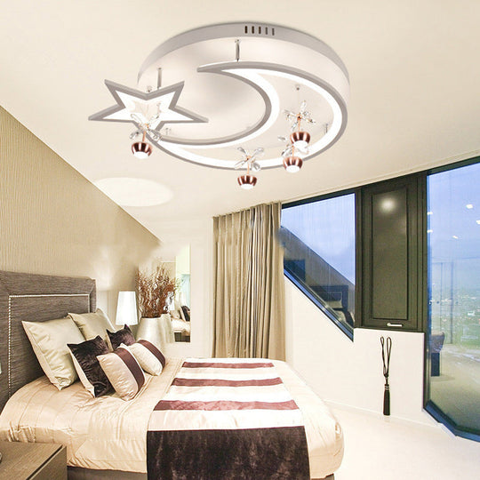 White Acrylic Moon Star Semi Flushmount Ceiling Light with Flower Crystal Accent - Modern LED Lamp for Bedroom