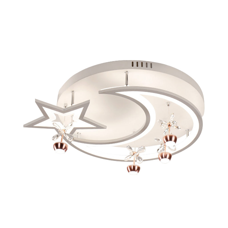 White Acrylic Moon Star Semi Flushmount Ceiling Light With Flower Crystal Accent - Modern Led Lamp