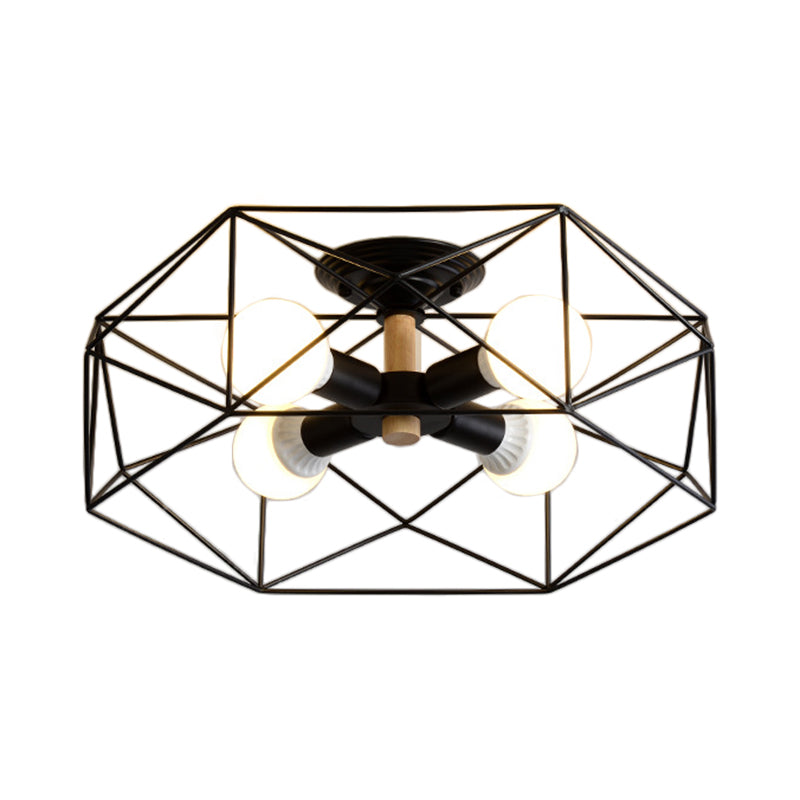 Contemporary Geometric Semi Flush Mount Light With Wire-Cage Shade - 3/4/5 Options