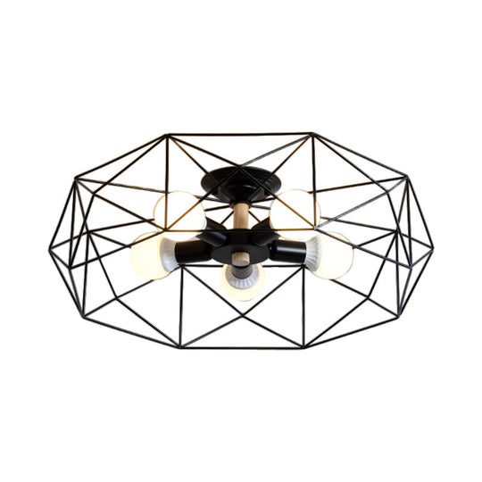 Contemporary Geometric Semi Flush Mount Light With Wire-Cage Shade - 3/4/5 Options